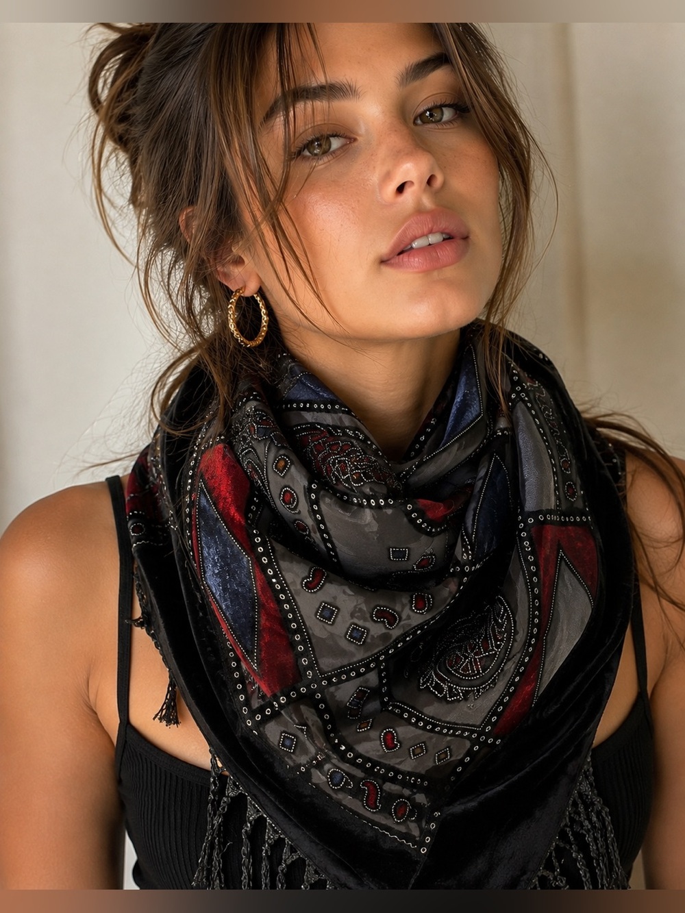 Embroidered Velvet Fringe Scarf in Black with Red & Blue Panels
